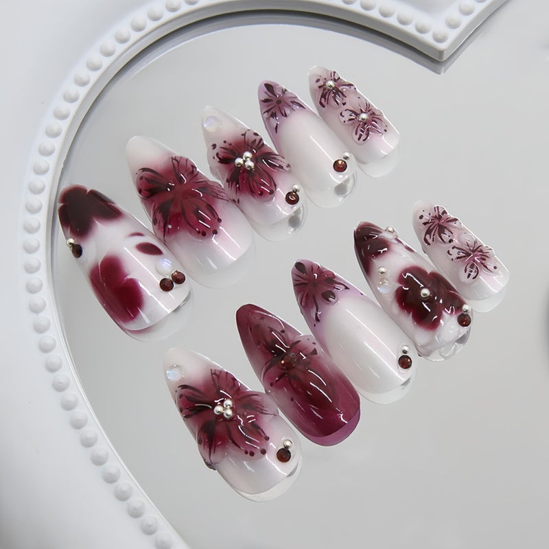SHUXILIN 24Pcs Burgundy Gradient Flower Press on Nails Medium Almond Fake Nails with 3D Pearl Design Ombre False Nails Glue on Nails Artificial Hibiscus Acrylic Nail Floral Stick on Nail for Women - Image 3